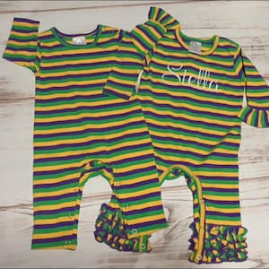 Baby Mardi Gras Outfit - Ruffle Sleeve Mardi Gras Striped Romper