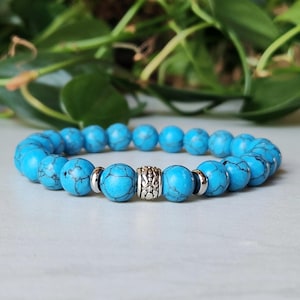 Turquoise Stretch Bracelet, Turquoise & Silver Beaded Gemstone Bracelet Gift for Him or Her. Two Styles, Men&#39;s Bracelet Women&#39;s Bracelet