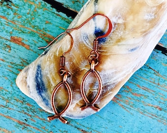 Pendientes de pescado de Jesús de cobre rojo