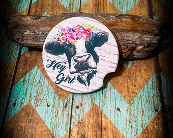Posavasos para coche de piedra arenisca con la frase Hey Girl Cow