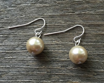 Champagne Pearl Earrings Bridal Earrings Single Pearl on Silver or Gold French Wire Hook