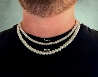 Pearl Necklace for Men, 8mm or 6mm Pearls, Adjustable with 2" Extender Chain, Multiple Sizes and Lengths Available