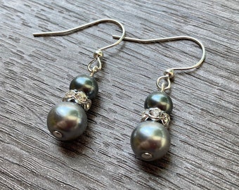 Silver Grey Pearl Earrings, Crystal Rhinestone Rondelle, Bridal and Bridesmaids Gifts, Mother of the Bride or Groom Gift For Her
