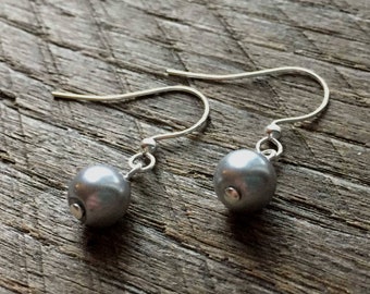 Pewter Flower Girl Earrings Pearl One Single Pearl Simple Earrings on Silver or Gold Hooks