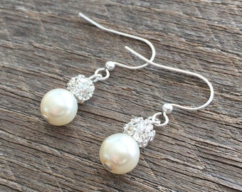 Cream Ivory Pearl Earrings, Crystal Rhinestone Ball, Bridal and Bridesmaids Gifts, Mother of the Bride or Groom Gift For Her