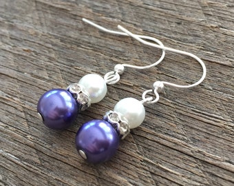 Plum Purple and White Pearl Earrings, Crystal Rhinestone Rondelle, Bridal and Bridesmaids Gifts, Mother of the Bride or Groom Gift For Her