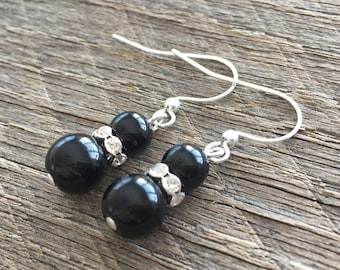 Black Pearl Earrings, Crystal Rhinestone Rondelle, Bridal and Bridesmaids Gifts, Mother of the Bride or Groom Gift For Her