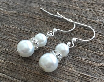 White Pearl Earrings, Crystal Rhinestone Rondelle, Bridal and Bridesmaids Gifts, Mother of the Bride or Groom Gift For Her