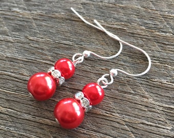 Red Pearl Earrings, Crystal Rhinestone Rondelle, Bridal and Bridesmaids Gifts, Mother of the Bride or Groom Gift For Her
