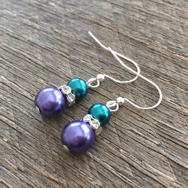 Purple and Teal Pearl Earrings, Crystal Rondelle Jewelry, Bridal and Bridesmaids Gifts, Mother of the Bride or Groom Gift for Her