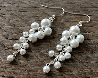 Pearl Statement Earrings, Cluster Earrings, Bridal Long Drop Earrings, Pearl Earrings on Silver or Gold