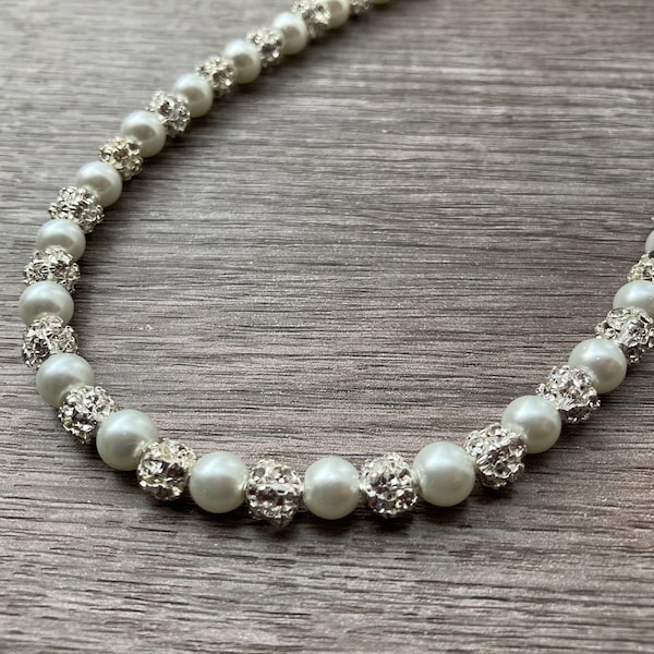 Rhinestone & Pearl Necklace with Silver or Gold Accents and Chain