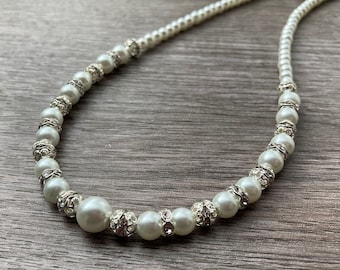 Dainty Bridal Necklace Pearl & Rhinestone with Silver or Gold Accents and Chain