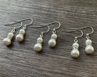 3 Pairs Pearl Earrings, Rhinestone Rondelle, Bridesmaids Gifts, Gift Bags Included