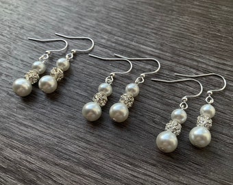 3 Pairs Pearl Earrings, Rhinestone Crystal Bead, Bridesmaids Gifts, Gift Bags Included