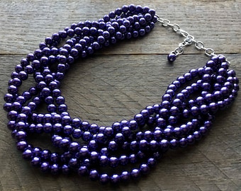 Plum Pearl Statement Necklace, Multi Strand Purple Faux Pearl Necklace on Silver or Gold Chain