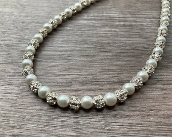 Rhinestone & Pearl Necklace with Silver or Gold Accents and Chain