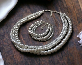 Layered Pearl Necklace and Bracelet Set, Multi Strand Stacked Jewelry on Silver or Gold Chain