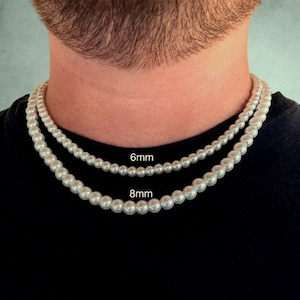 Pearl Necklace for Men, 8mm or 6mm Pearls, Adjustable with 2" Extender Chain, Multiple Sizes and Lengths Available