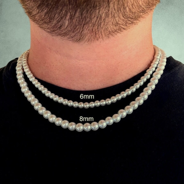 Pearl Necklace for Men, 8mm or 6mm Pearls, Adjustable with 2" Extender Chain, Multiple Sizes and Lengths Available