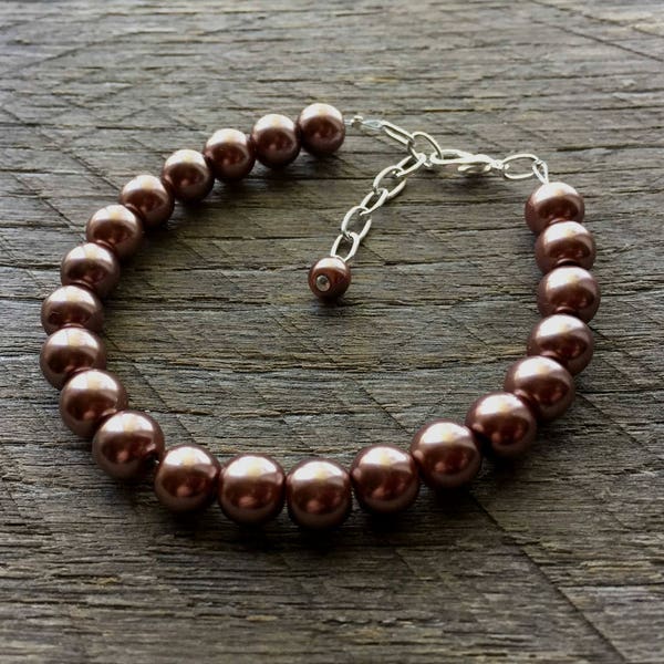 Brown Pearl Bracelet for Bridal Parties and Weddings, One Strand Simple Pearl Bracelet Gift for Her on Silver or Gold Chain