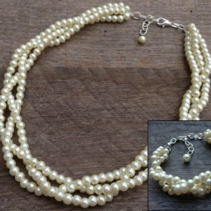 Cream Ivory Pearl Necklace Bracelet Bridal Set Braided Bridesmaid Set Pearl on Silver or Gold Chain image 1