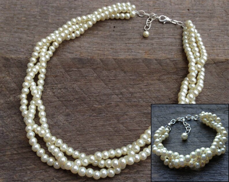 Cream Ivory Pearl Necklace Bracelet Bridal Set Braided Bridesmaid Set Pearl on Silver or Gold Chain image 1