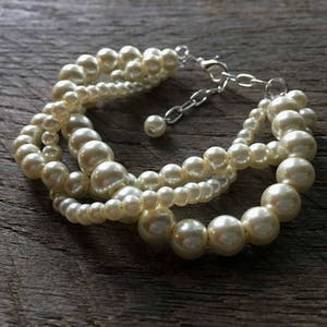Cream Ivory Pearl Bracelet, Braided Pearl Bracelet, Pearl Bridal Bracelet, Multi Strand Statement Bracelet on Silver or Gold Chain