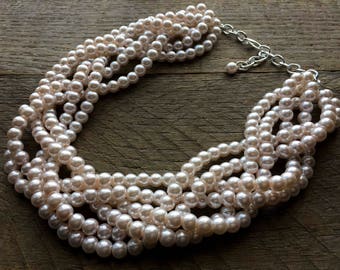 Pink Pearl Statement Necklace, Multi Strand Braided Jewelry on Silver or Gold Chain