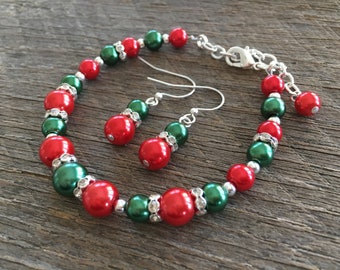 Christmas Bracelet & Earring Set, Red and Green Pearl with Crystal Rondelle Jewelry Set, Gift for Her, Ugly Sweater Xmas Jewerly