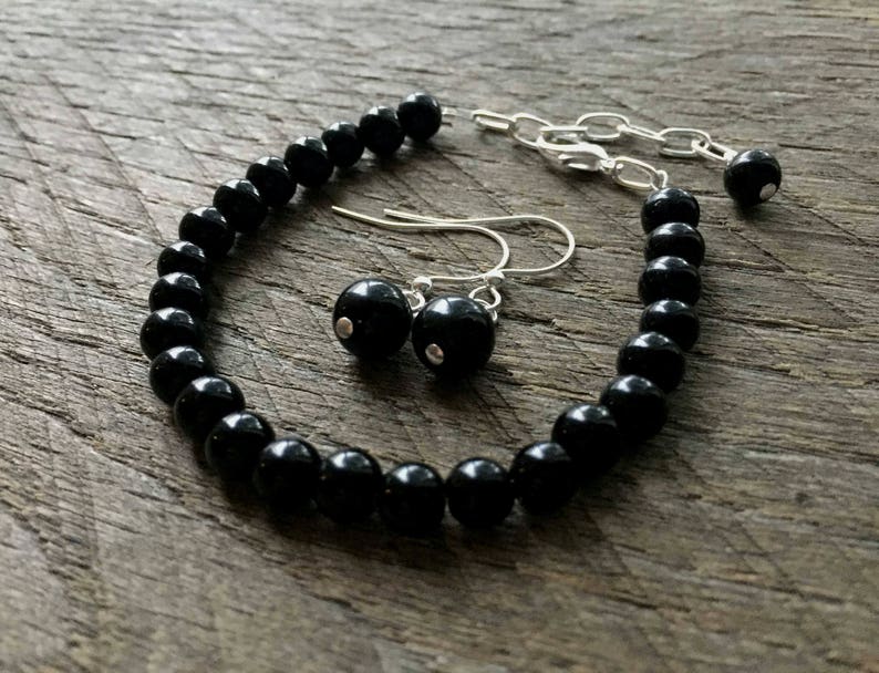 Black Flower Girl Set Pearl Bracelet Earring One Single Strand Simple Pearl Bracelet Earrings on Silver or Gold Chain and Ear Wire Hook