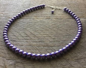 Purple Pearl Necklace Violet Bridal Necklace One Single Strand Simple Pearl Necklace on Silver or Gold Chain