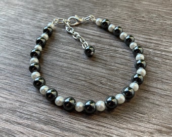 Hematite Bracelet with Pearl Spacers, Men's Pearl Bracelet, Adjustable with 1.5" Extender Chain, Multiple Sizes and Lengths Available