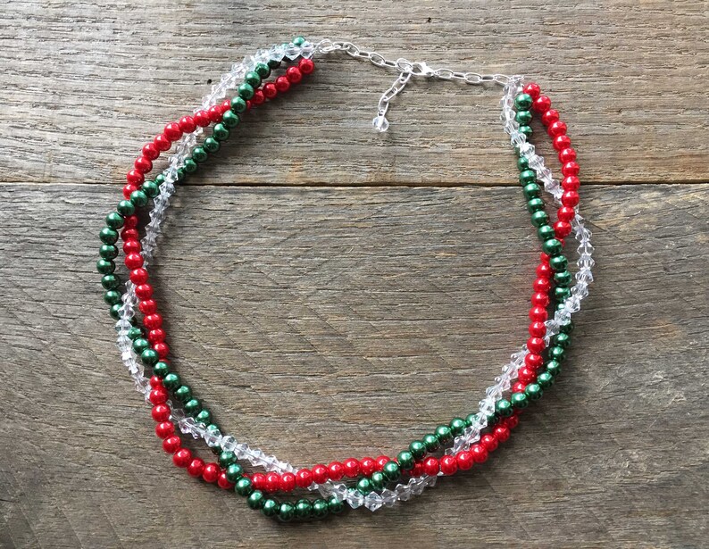 Christmas Necklace, Braided Pearl Necklace, Red Green Crystal Necklace, Multi Strand Necklace, Braided Necklace on Silver or Gold image 2