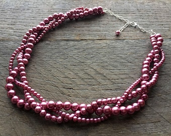 Pink Rose Pearl Necklace, Bridesmaids Gift, Multi Strand Braided Necklace, Bridal Party Gift