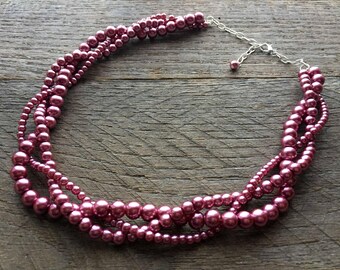Dusty Rose Pink Pearl Necklace, Braided Bridal Multi Strand Bridesmaid Mother of the Bride Groom Gift for Her on Silver or Gold Chain
