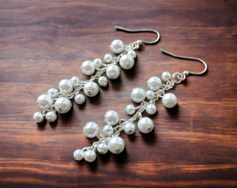 Chandelier Pearl Earrings, Statement Cluster Earrings, Long Drop Earrings on Silver or Gold Plated Hook