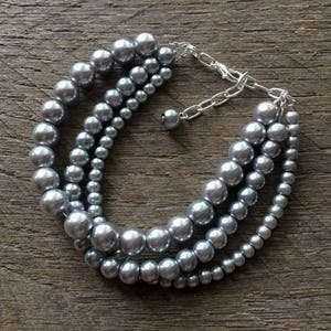 Pewter Grey Pearl Bracelet Cuff Multi Strand Bridal Drape Bracelet on Silver or Gold Chain image 2