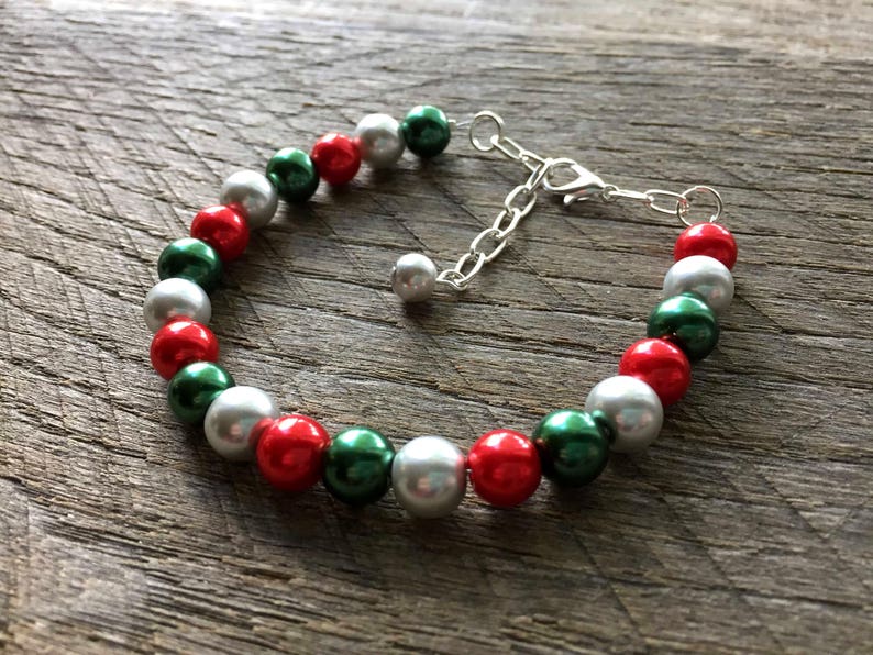 Christmas Jewelry Set, Silver Red Green Pearl Necklace Set, Christmas Jewelry, Xmas set, Xmas Jewelry on Silver Chain image 6