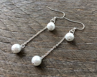 Long Pearl Earrings, Simple Drop Earrings, Cluster Gift for Her, Delicate Bridal Two Pearl Negligee, Bridesmaid Gift on Silver or Gold