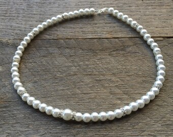 White Pearl Necklace Crystal Bridal Necklace Rondelle Accent Findings on Silver or Gold Chain Bridal Necklace