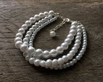 White Pearl Bracelet Multi Strand Bridal Bracelet on Silver or Gold Chain
