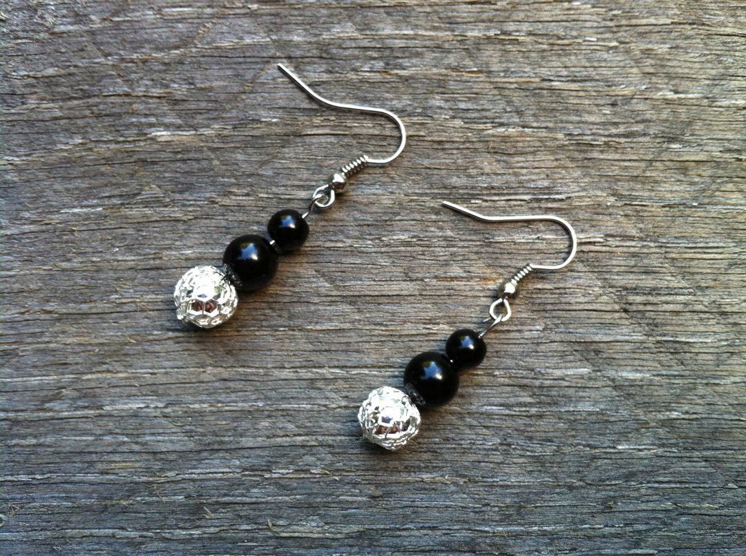 Silver Black Earrings Glass Pearl on French Wire Hook - Etsy