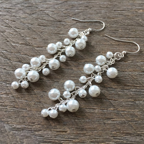 Pearl Cluster Earrings, Statement Cluster Earrings, Statement Bridal Earrings, Long Drop Earrings, Pearl Earrings, Statement Earrings