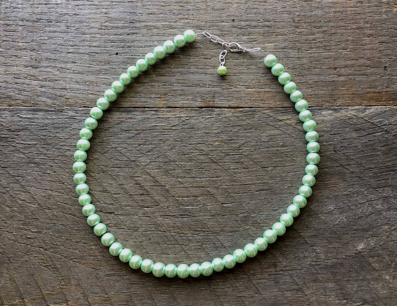 Green Pearl Necklace Mint Bridal Necklace One Single Strand Simple Pearl Necklace on Silver or Gold Chain image 2