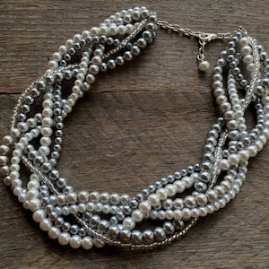 Statement Pearl Necklace, Grey White, Multi Strand Braided Necklace image 1