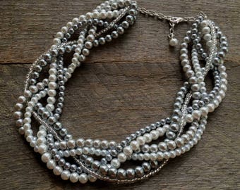 Statement Pearl Necklace, Grey White, Multi Strand Braided Necklace