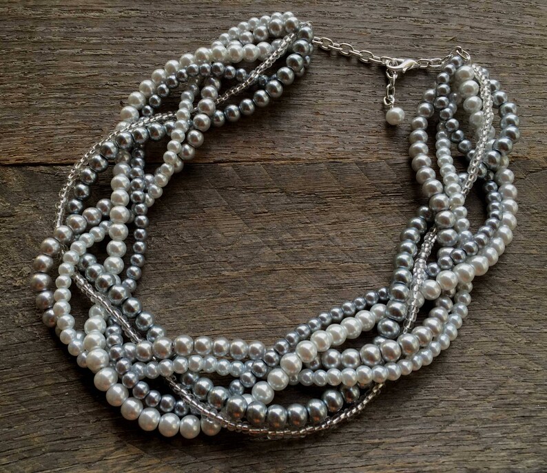 Statement Pearl Necklace, Grey White, Multi Strand Braided Necklace image 1