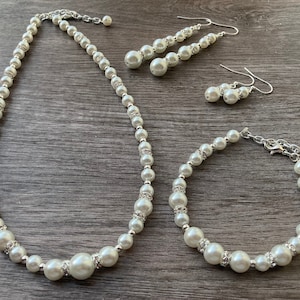 Crystal Pearl Jewelry, Bridal Set with Rhinestone Rondelle Necklace, Bracelet, and Earrings