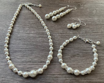 Crystal Pearl Jewelry, Bridal Set with Rhinestone Rondelle Necklace, Bracelet, and Earrings